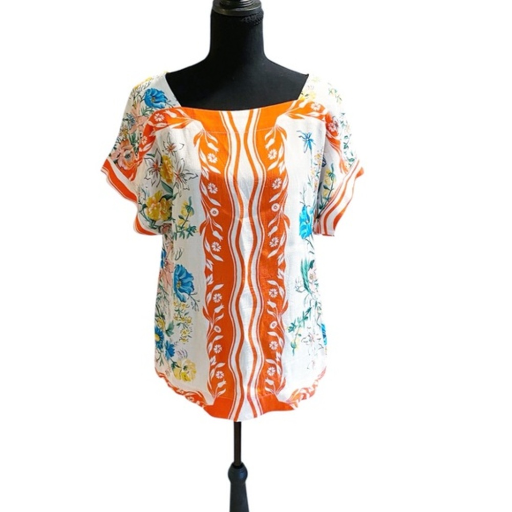 Maeve Anthropologie Orange and White Floral Blouse Size Small